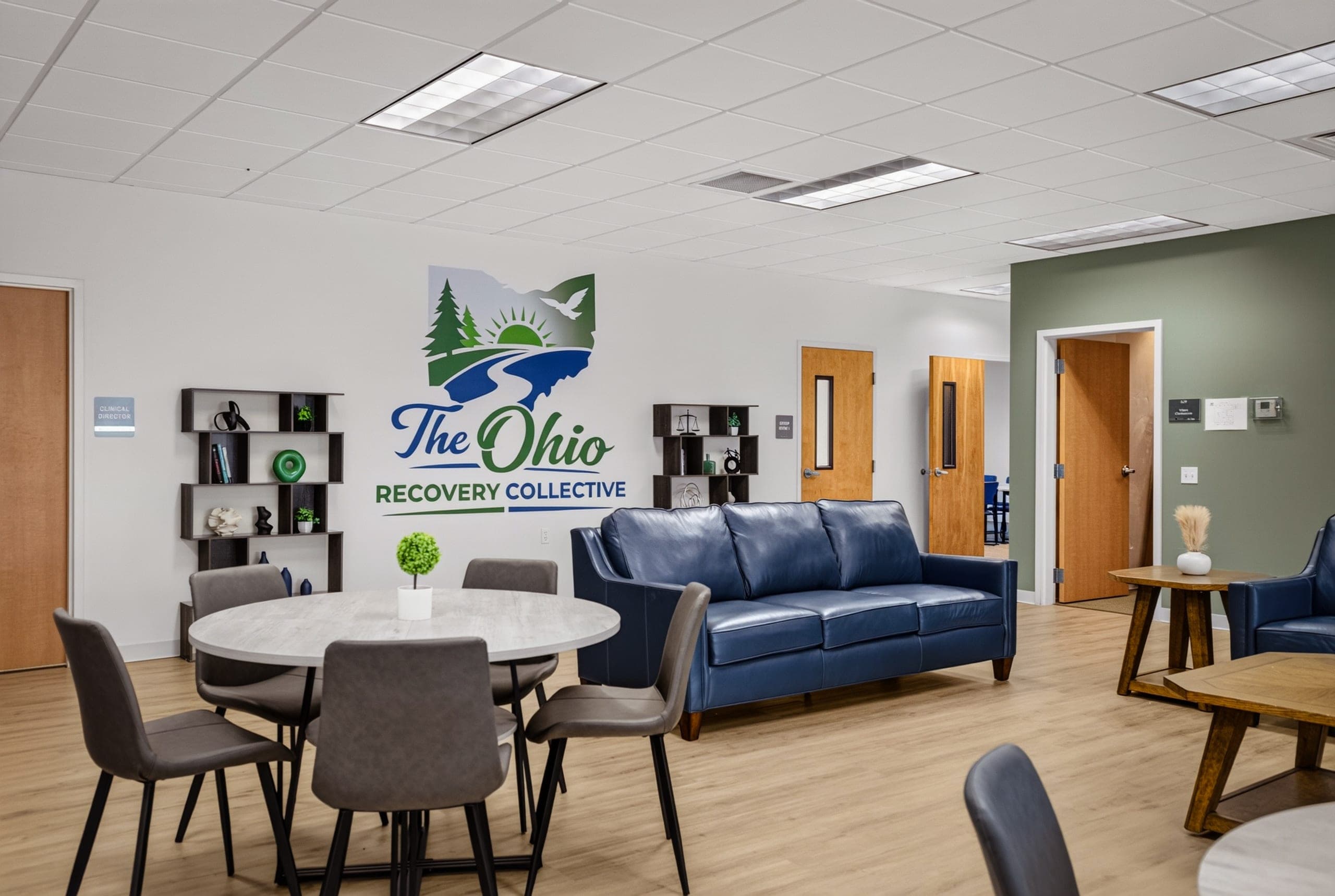 The clinic’s lounge, with The Ohio Recovery Collective logo on the wall